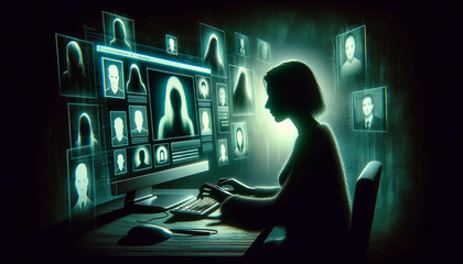  Identity theft cyber crime in a digital context, focused on a shadowy female figure in front of a large computer screen in a dark room - obrazy, fototapety, plakaty