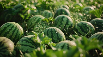 Watermelon field. A refreshing oasis: The watermelon field is a sanctuary of coolness and hydration, offering a respite from the summer heat.