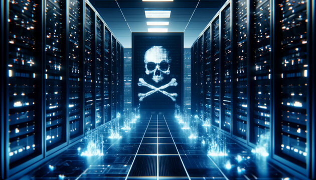 A data breach cyber crime in a vast server room with rows of computers and flashing lights skull icon wallpaper background