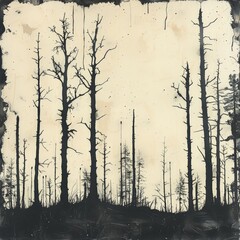 A Black and White Painting of a Forest