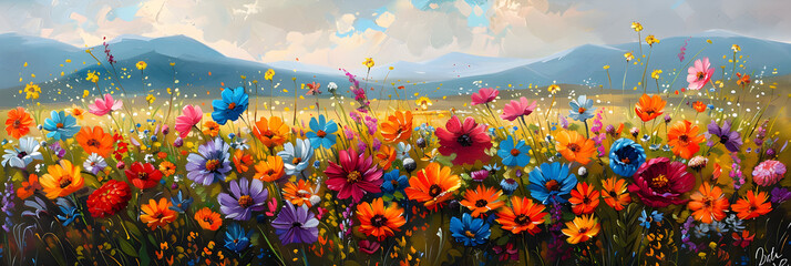 A vibrant and colorful flower meadow with a summery atmosphere