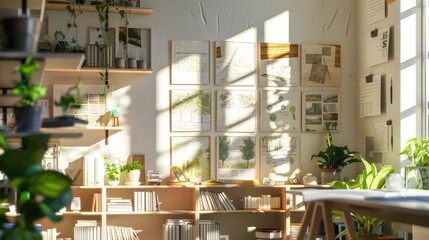 architect office with drawings and renderings hanging on the wall