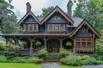 A well-maintained craftsman house with a wrap-around porch and flower-filled window boxes.