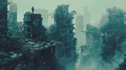 A post-apocalyptic city with overgrown vegetation and a lonely figure standing on a rooftop.