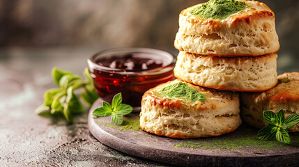 Tender and flaky scones flavoured with matcha powder served with jam. 