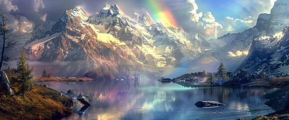 A tranquil alpine lake nestled among snow-covered peaks, with a vivid rnbow reflected in its calm, icy waters.