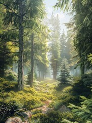 Obraz premium lush coniferous fancy forest head-up landscape