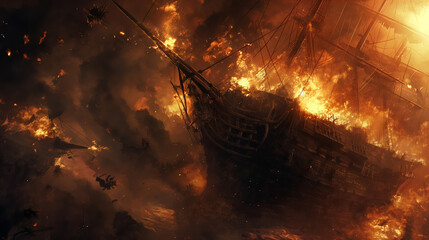 A cinematic scene of an ancient ship consumed by a catastrophic explosion amid fiery debris and thick smoke