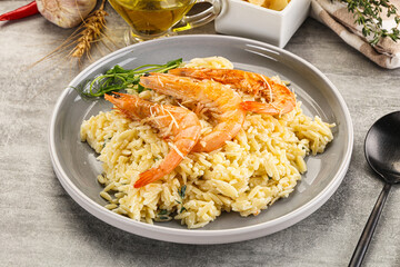 Italian pasta Orzo with prawn