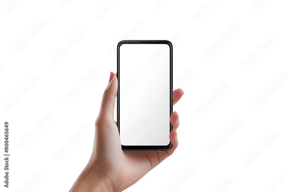 Poster a hand holding a phone with a white screen. the hand is holding the phone in a way that it is almost