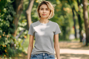Fototapeta premium Stylish T-Shirt Mockup on Young Woman