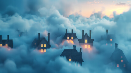 A serene village lies enveloped in clouds, its warm lights hinting at cozy life despite the mystical surrounding haze - obrazy, fototapety, plakaty