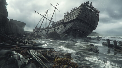 This haunting image captures a shipwreck forced upon jagged rocks by stormy seas, evoking tales of maritime tragedies