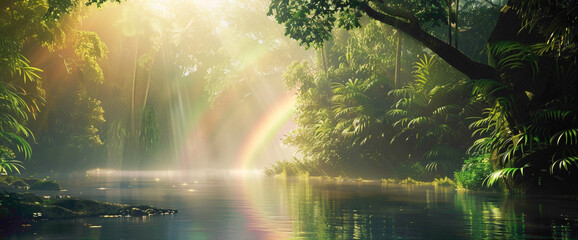 A tranquil riverbank lined with lush vegetation, where a vivid rnbow emerges from behind the trees, casting its iridescent glow upon the water's surface.