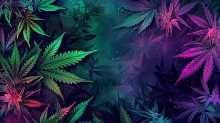 Background Colored cannabis leaves with glowing mystical effect