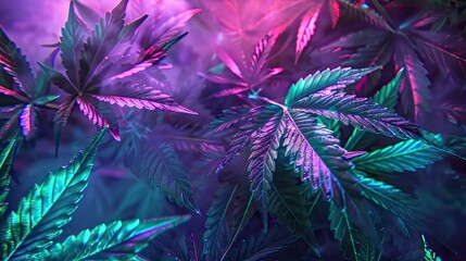 cannabis leaves with neon glow changing from green to pink and purple on a blurred background with a mystical effect