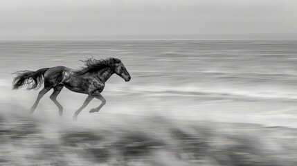   A black-and-white image of a galloping horse on the sandy beach, near a vast expanse of water The backdrop is the endless ocean