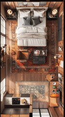 one flat interior bedroom layout with a oriental design view from the top