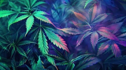 Background Scenic cannabis leaves under vibrant blue and purple light effects, magical intriguing image of leaves - Powered by Adobe