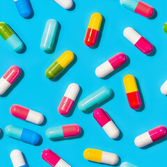 A pattern of variety color of pills on a blue background.