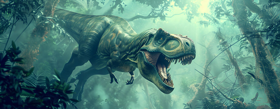 Fantasy image of tyrannosaurus in the jungle. Fantastic. High quality illustration. 