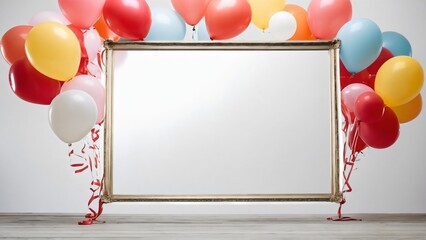 A frame with balloons on top