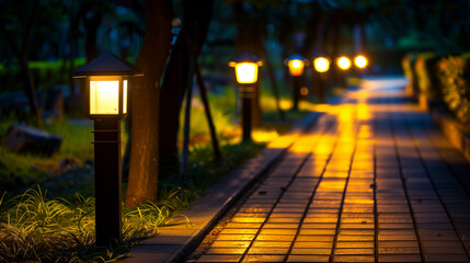 Peaceful park illuminated in evening, Solar path lights on park at night, light up the stone...