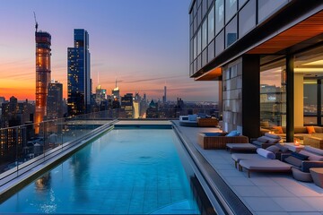 A minimalist rooftop pool with a rectangular design, minimalist lounge chairs, and unobstructed...