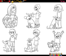cartoon children and dogs characters set coloring page