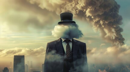 Man with cloud face wearing a top hat in a surreal cityscape