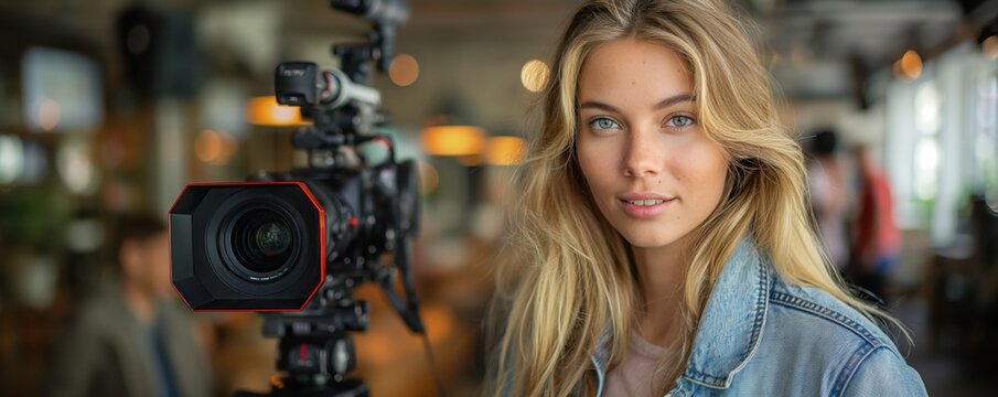 Young woman with camera in film production setting