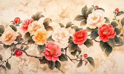 Chinese ink painting blooming camellias flower background, wealth and splendor, zen, new year, prosperity, Asian calligraphy wallpaper.