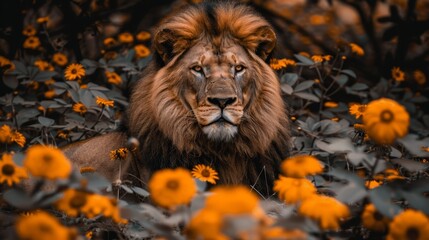   A lion posing in the heart of a sunflower field, its regal face framed within the image