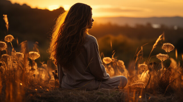 Une femme m&eacute;ditant dans la nature au coucher du soleil, la silhouette de la jeune fille assise sur ses genoux et regardant au loin