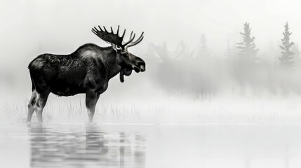   A moose wades in a body of water, its large antlers reflected in the surface Trees line the background, their branches softened by fog rolling through the scene