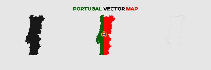 Portugal Map Vector Pack. Map with Flag. Gray Map Silhouette. Gray Outline Map. Editable EPS file. 
