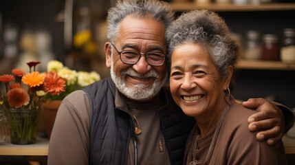 Joyeux couple de personnes âgées s'embrassant dans la cuisine à la maison, couleurs chaudes et visages heureux, vieil homme riant tenant sa femme par derrière pendant qu'elle regarde la caméra en sour - obrazy, fototapety, plakaty