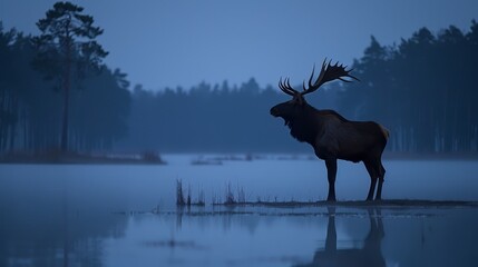   A moose stands in a body of water, surrounded by trees and shrouded in foggy air