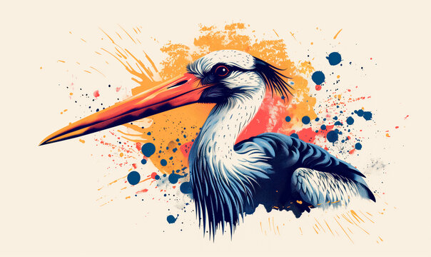 abstract illustration of a storch in childish style, logo for t-shirt print