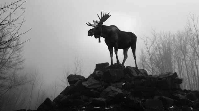   A monochrome image of a moose atop rocks, surrounded by trees in the background
