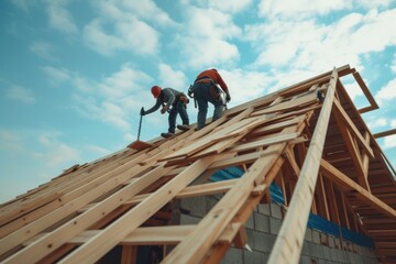 Two men are working on a roo. The roof is made of wood and the men are using a hammer and a drill. The sky is blue and there are some clouds in the background