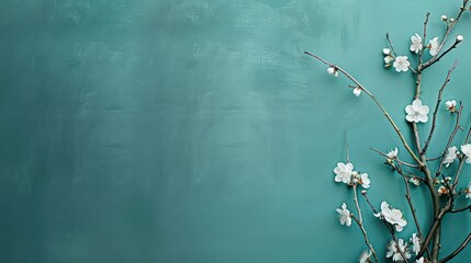minimalistic teal background wallpaper with cherry spring blossom flowers