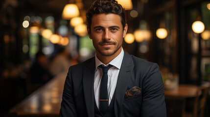 portrait d'un jeune homme d'affaires hispanique souriant en costume debout au bureau.