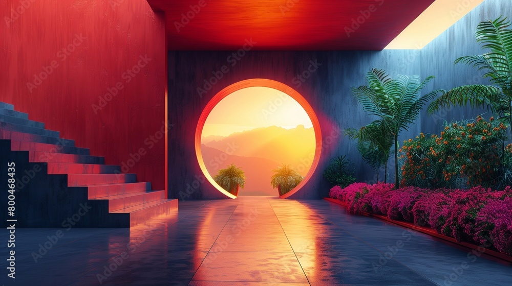 Poster abstract room with staircase and round window with mountain view in minimalist style