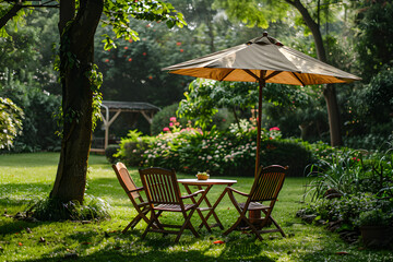 Garden chairs, table, and parasol set up in a cozy and peaceful outdoor space at home, perfect for relaxation and leisure.