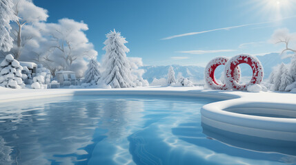 L'hiver fait de glace et d'eau, avec un fond de piscine, un anneau gonflable dans les airs. - obrazy, fototapety, plakaty