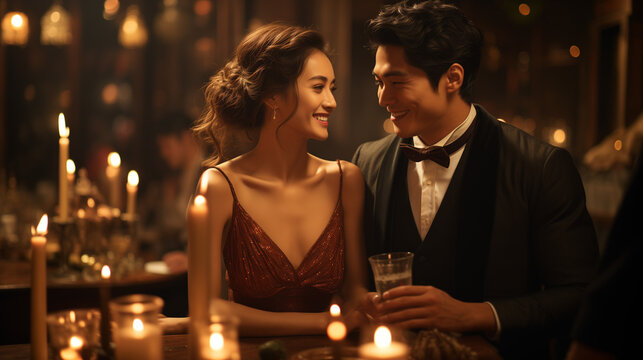 Deux jeunes Asiatiques, un homme et deux femmes v&ecirc;tus de tenues formelles, sourient en portant un toast avec des coupes de champagne lors d'une &eacute;l&eacute;gante soir&eacute;e.