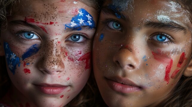 Two multiracial teenagers with paint on faces in american flag colors. Celebratory Faces. Fourth of July holiday Concept. Generative ai