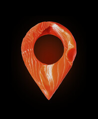 Location symbol made of red fish slices on a black background