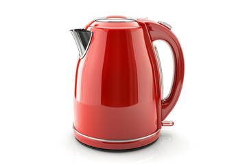 A glossy red electric kettle with a curved handle and a water level indicator isolated on a solid white background.